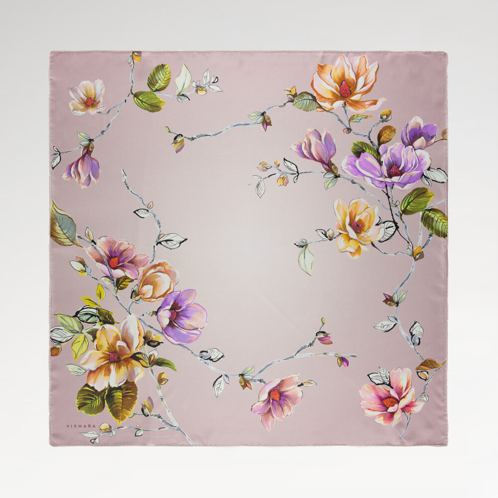 Powder Magnolia Flower Patterned Twill Silk Square Scarf