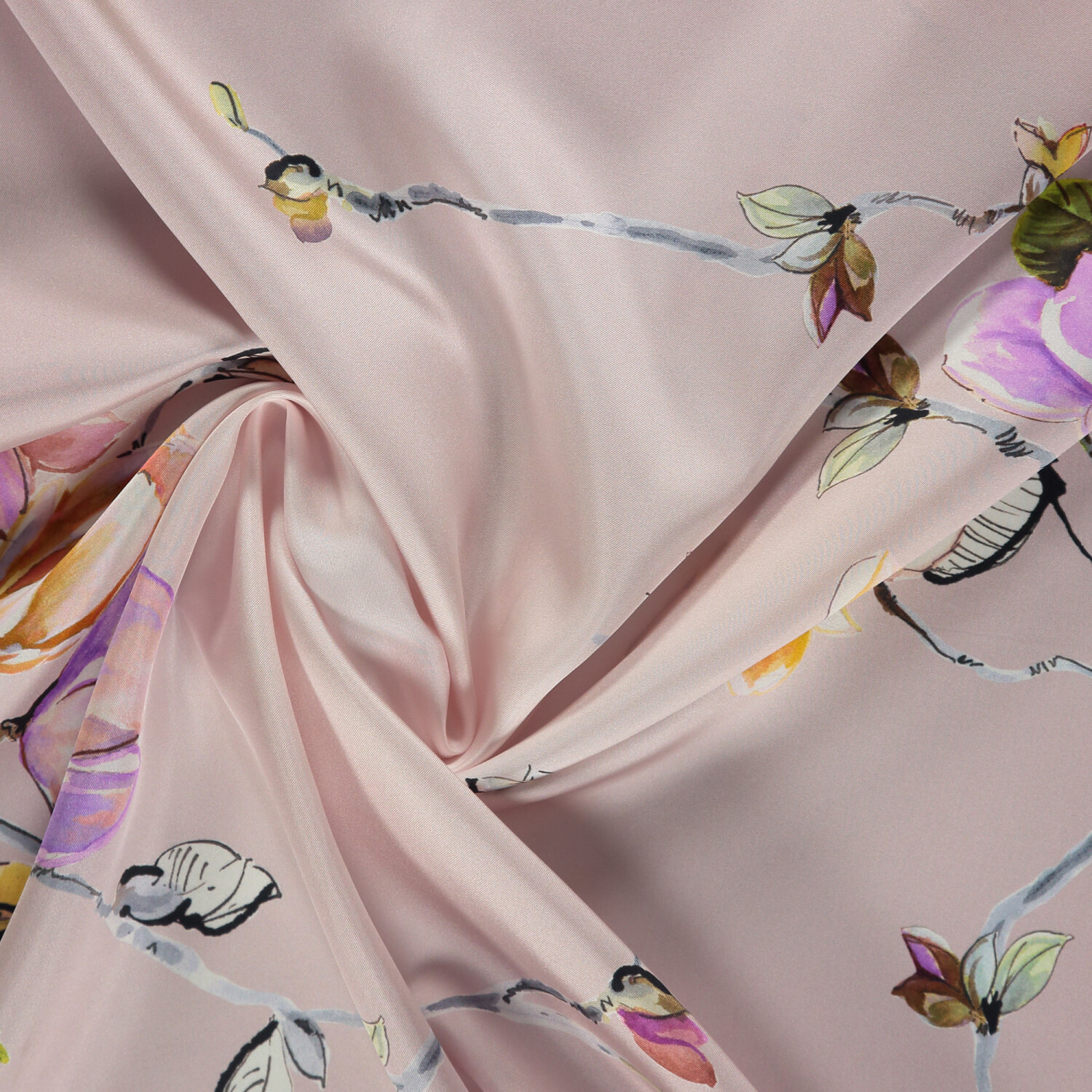 Powder Magnolia Flower Patterned Twill Silk Square Scarf - 2