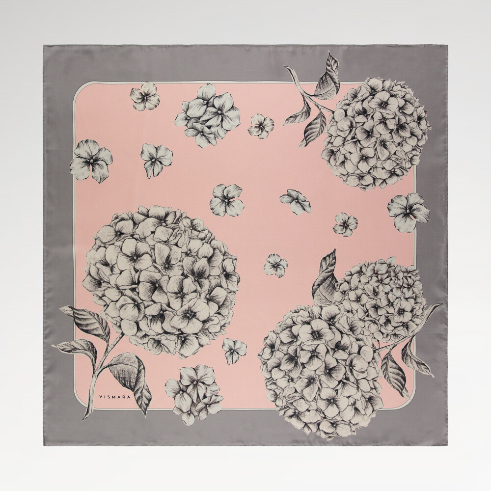 Powder Mink Hydrangea Flower Patterned Twill Silk Square Scarf