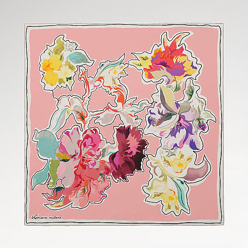Powder Pink Abstract Flora Pattern Twill Silk Square Scarf
