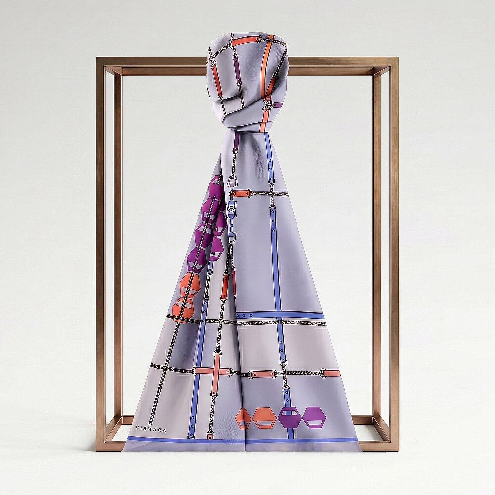 Purple Prism Line Pattern Silk Scarf - 1