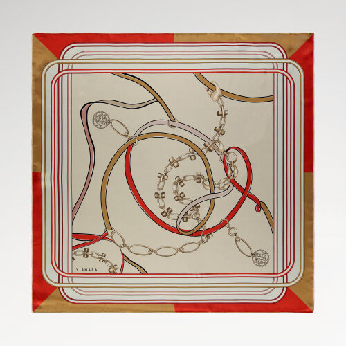 Red Monogram and Chain Patterned Silk Square Scarf