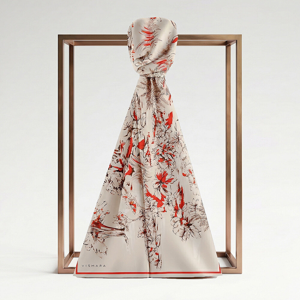 Red Toile Garden Pattern Silk Scarf - 1