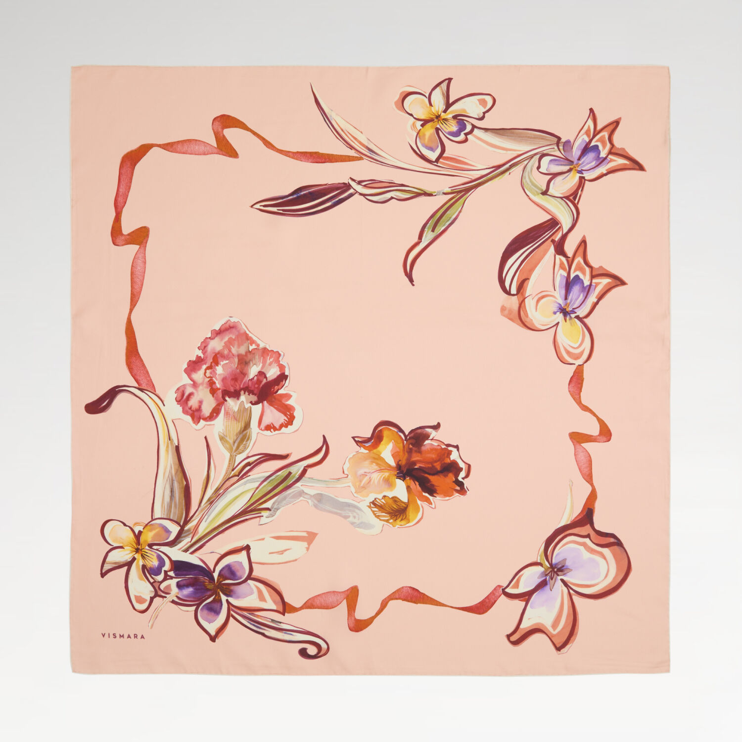 Salmon Carnation and Lily Flower Patterned Twill Silk Square Scarf - 1