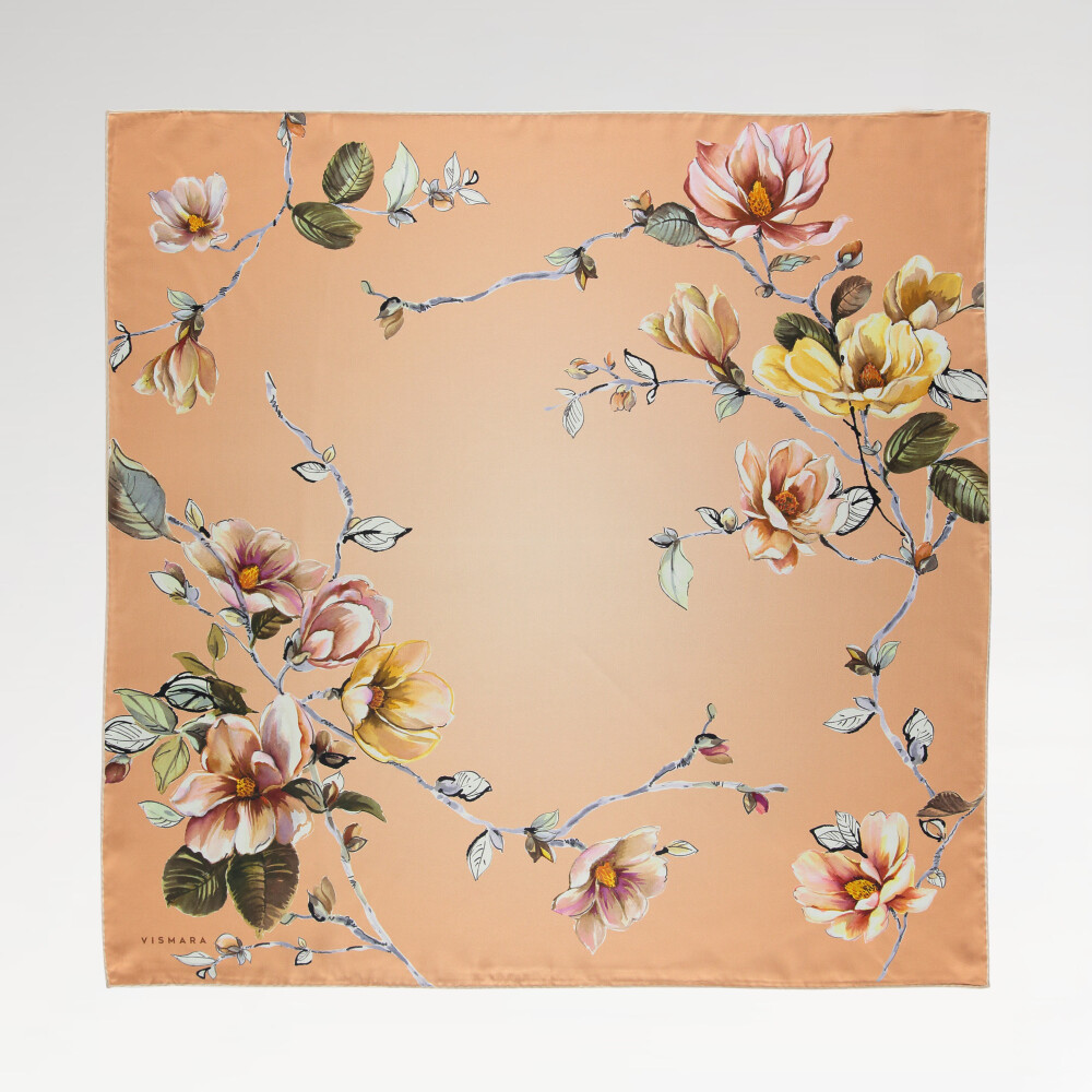 Salmon Magnolia Flower Patterned Twill Silk Square Scarf
