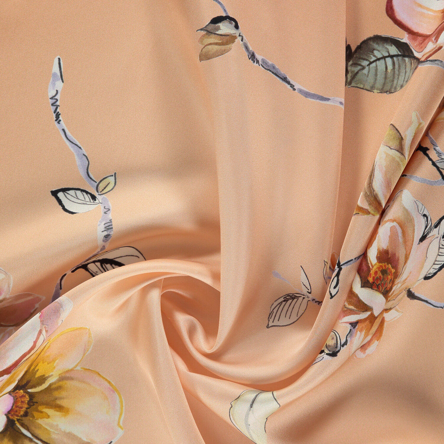 Salmon Magnolia Flower Patterned Twill Silk Square Scarf - 2