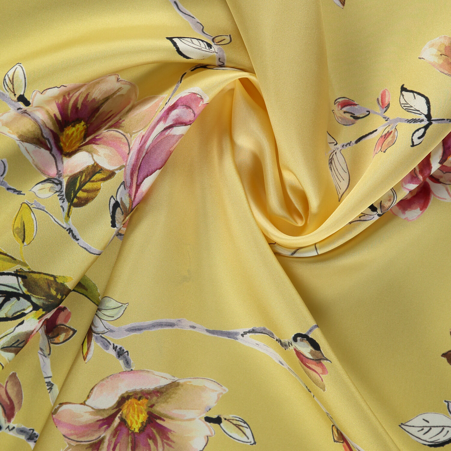Sarı Manolya Çiçeği Desenli Twill İpek Eşarp - 2
