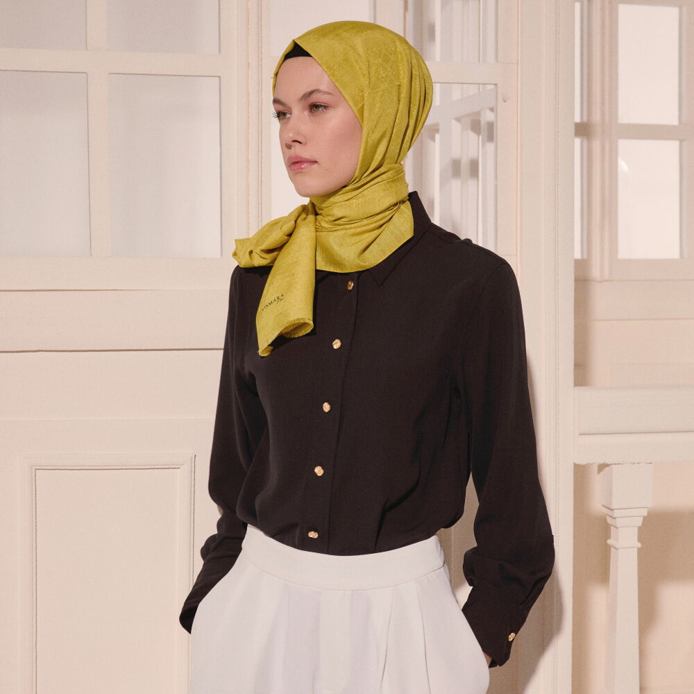 Sarı Monogram Desen V Jakarlı Pamuk İpek Şal - Vismara