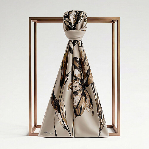 Sarı Karakalem Zambak Desenli İpek Şal