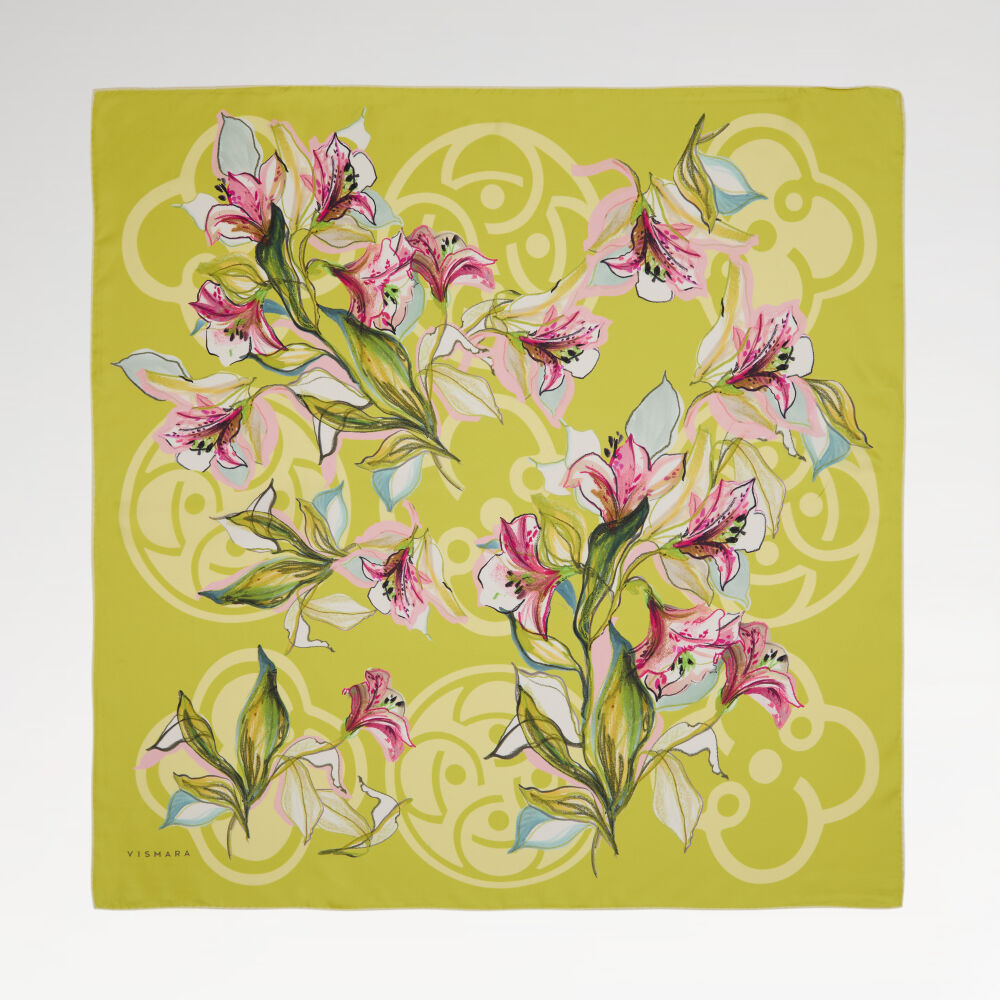 Sarı Vismara Monogram Lilyum Çiçek Desenli Twill İpek Eşarp