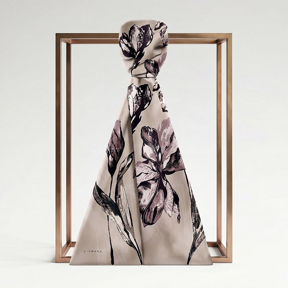 Sciarpa di seta color beige antracite con motivo a gigli - 1