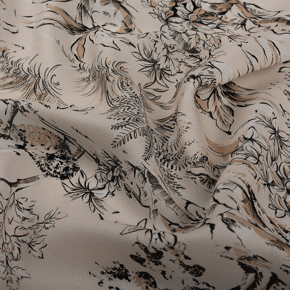 Sciarpa di seta beige con motivo giardino toile de Jouy. - 3