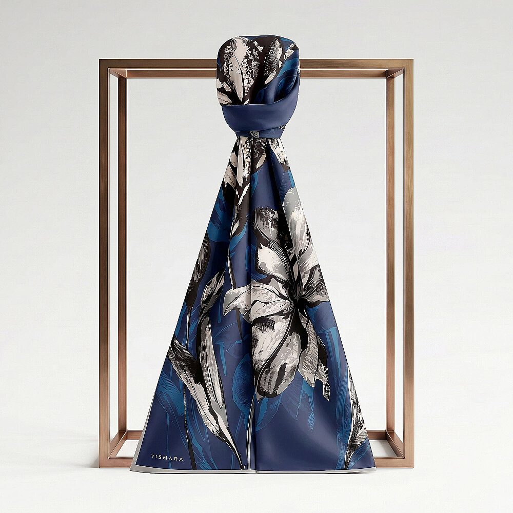 Sciarpa di seta blu navy e antracite con motivo a gigli - 1