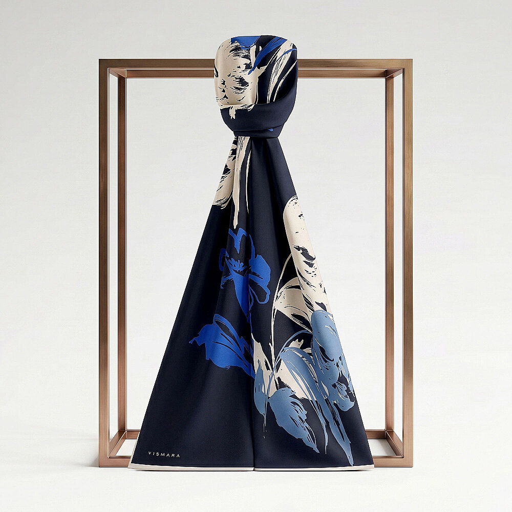 Sciarpa di seta blu navy con motivo astratto a tulipani - 1