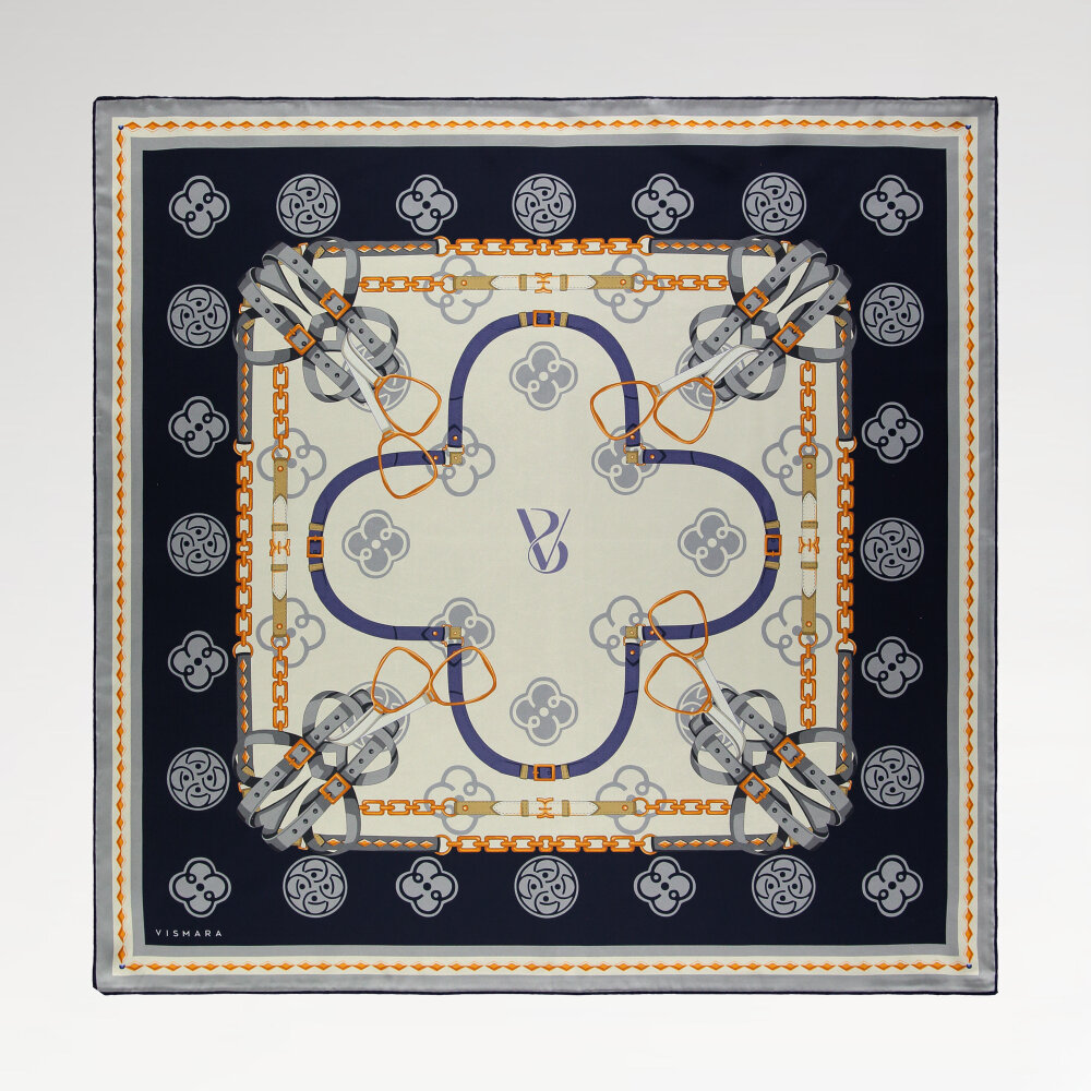 Sciarpa quadrata in seta con motivo a catena monogramma Vismara blu navy - 1