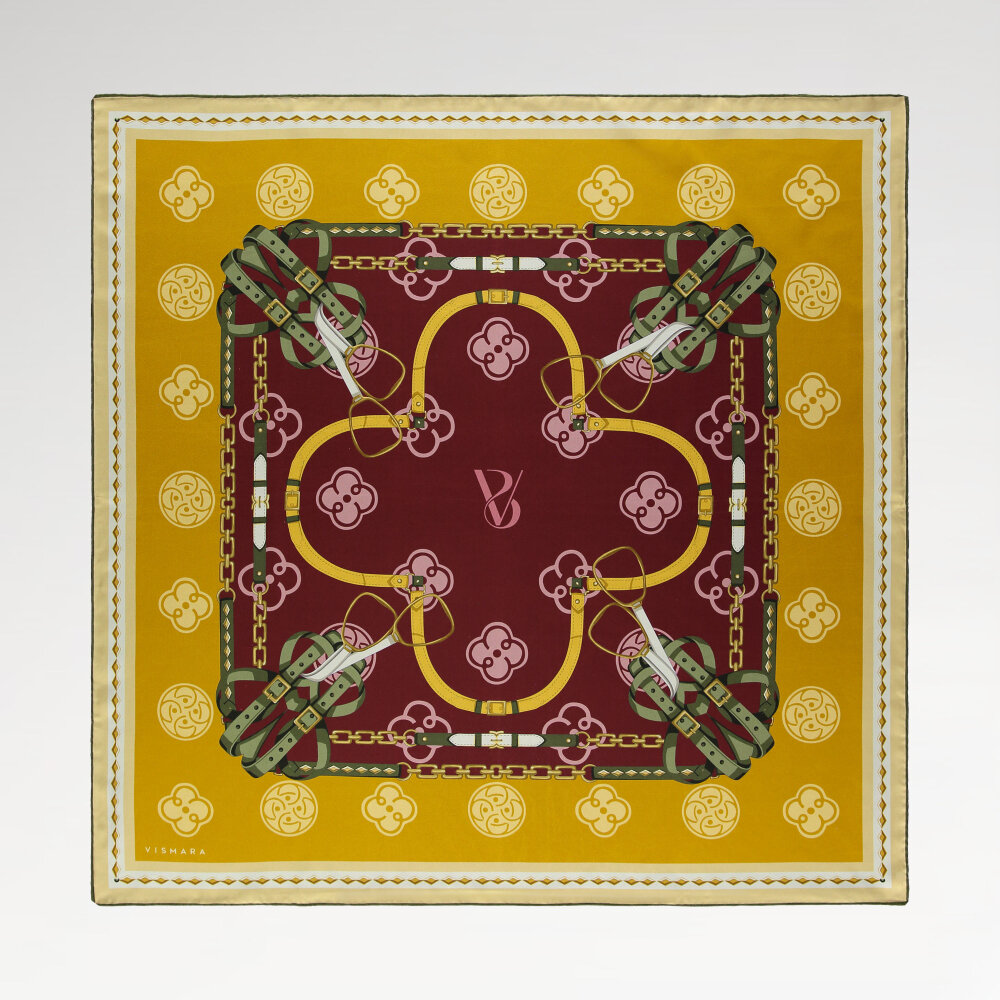 Sciarpa quadrata in seta con motivo a catena monogramma Vismara giallo senape - 1