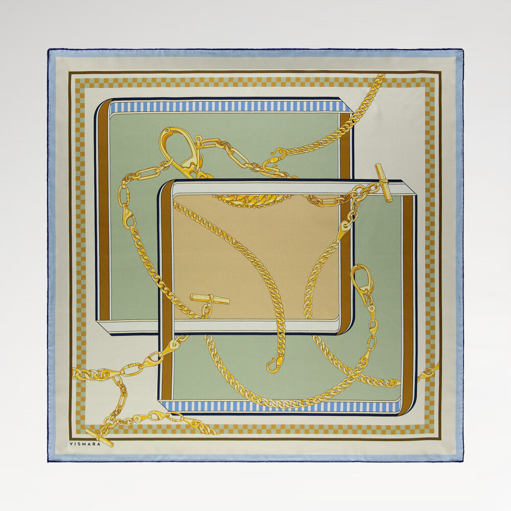 Sciarpa quadrata in seta con motivo a danza a catena verde beige - 1