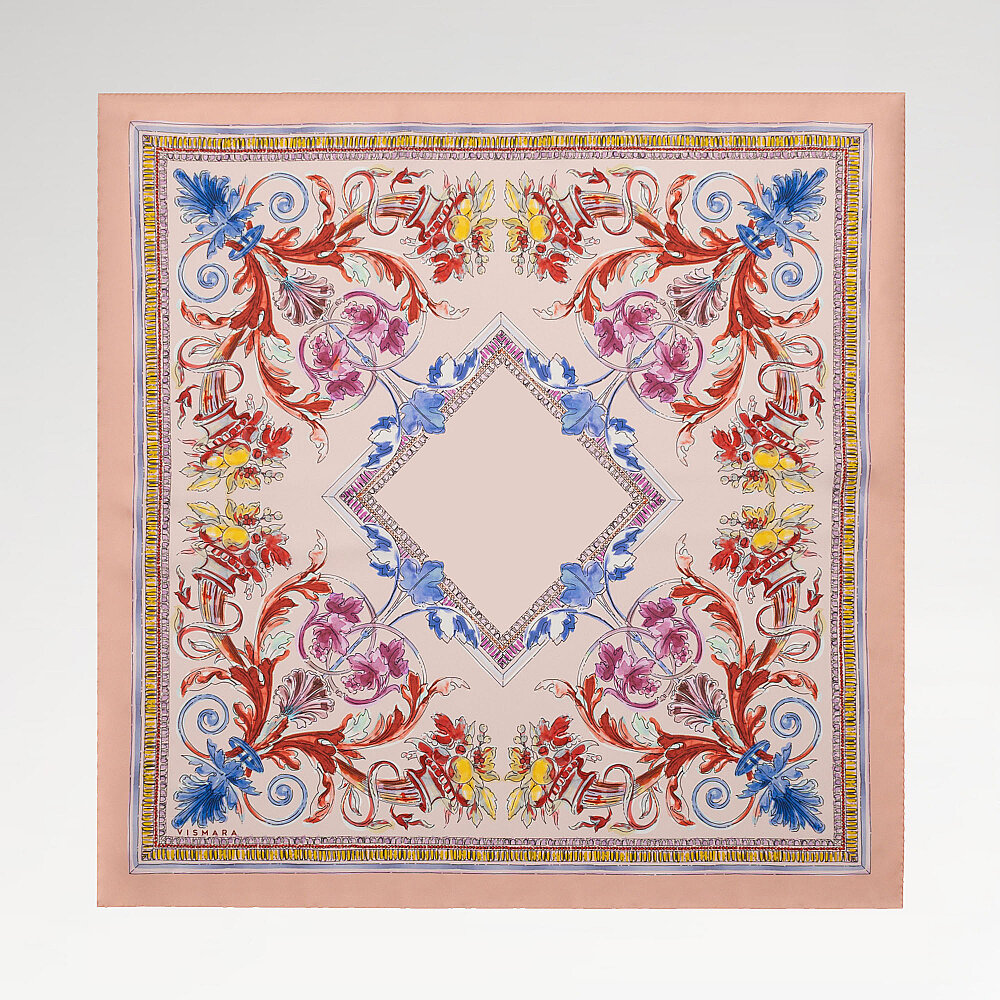 Sciarpa quadrata in seta rosa cipria con motivo Fiorenza - 1