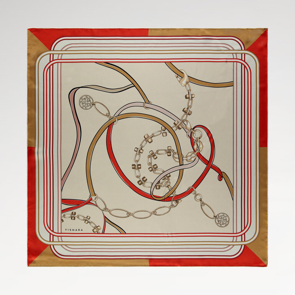 Sciarpa quadrata in seta con motivo monogramma e catena rossa - 1