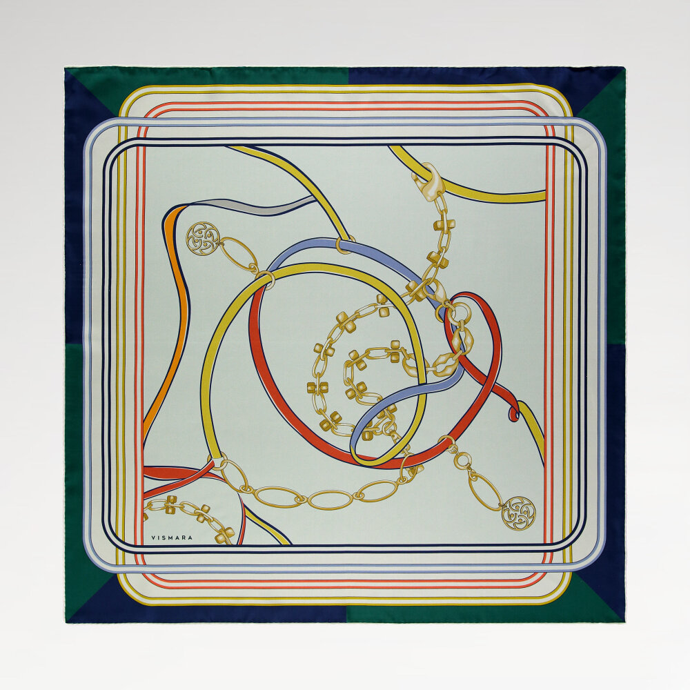 Sciarpa quadrata in seta con motivo monogramma e catena verde - 1