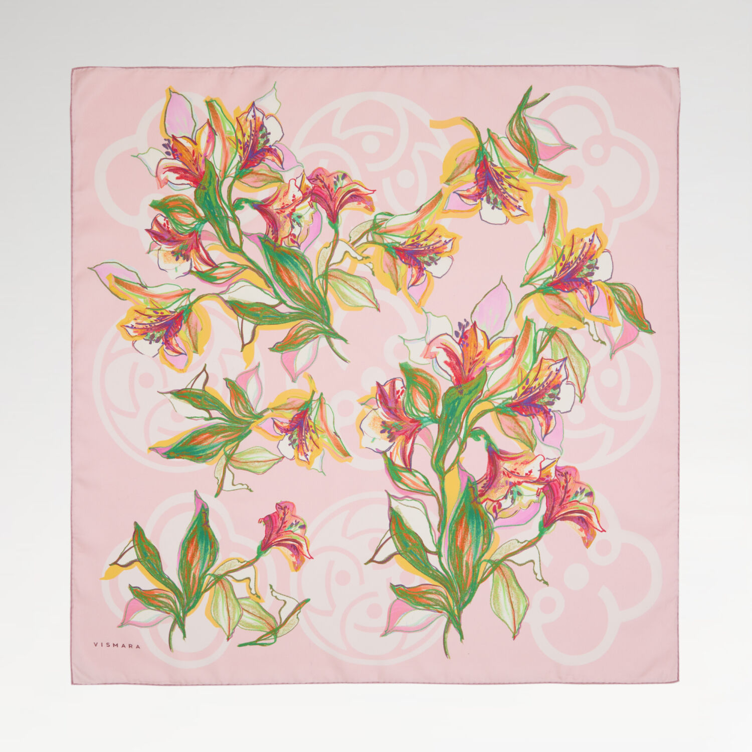 Sciarpa quadrata in twill di seta con motivo a fiori di giglio e monogramma Vismara rosa - 1