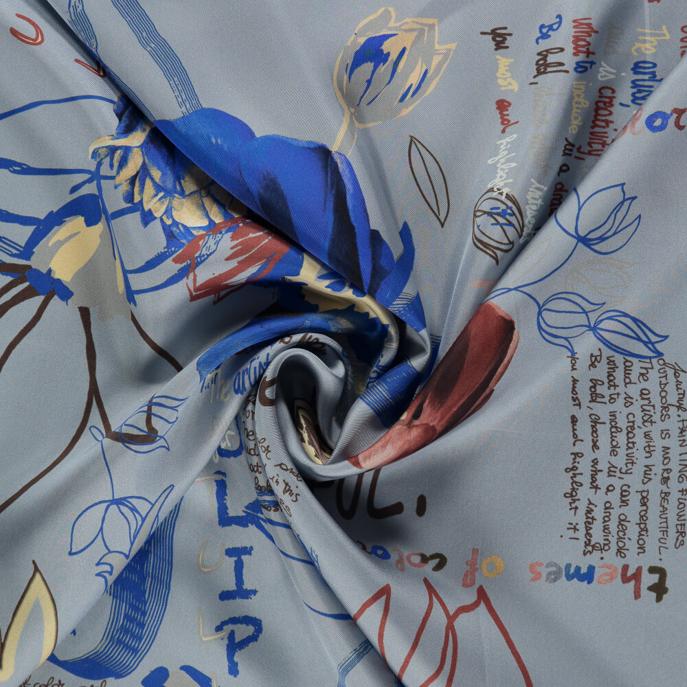 Silk Square Scarf with Blue Handwritten Floral Harmony Pattern - 2