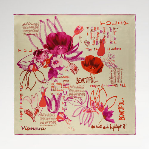 Silk Square Scarf with Cream Handwriting and Flower Harmony Pattern