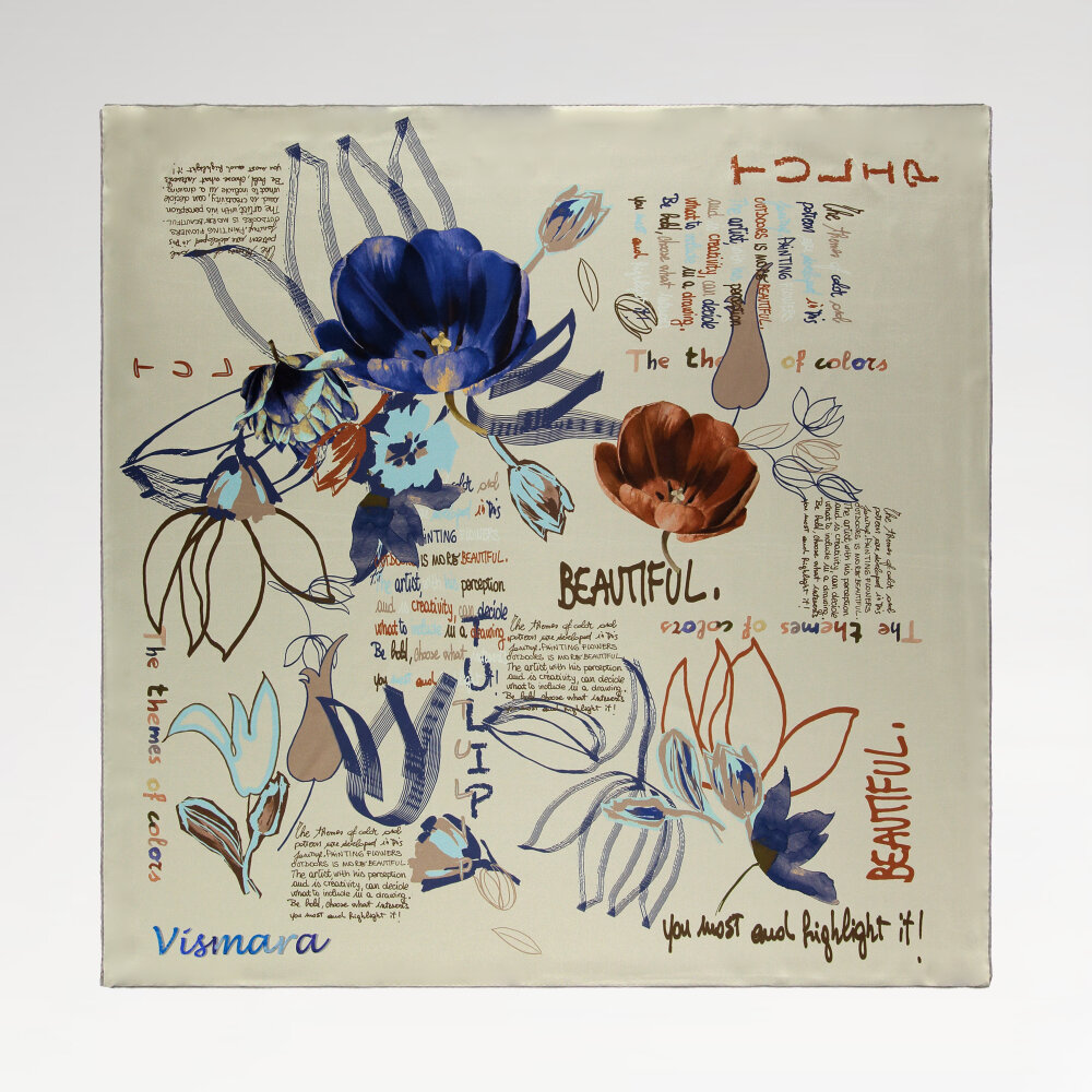 Silk Square Scarf with Ecru Handwriting and Harmony of Flowers Pattern - 1