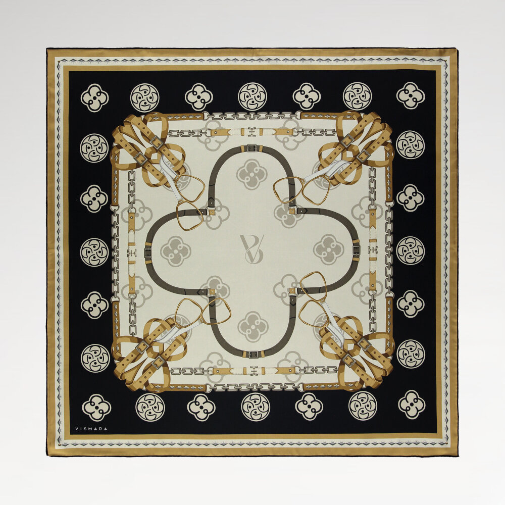 Siyah Vismara Monogram Zincir Desenli Twill İpek Eşarp - 1