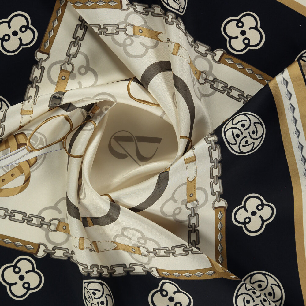 Siyah Vismara Monogram Zincir Desenli Twill İpek Eşarp - 2