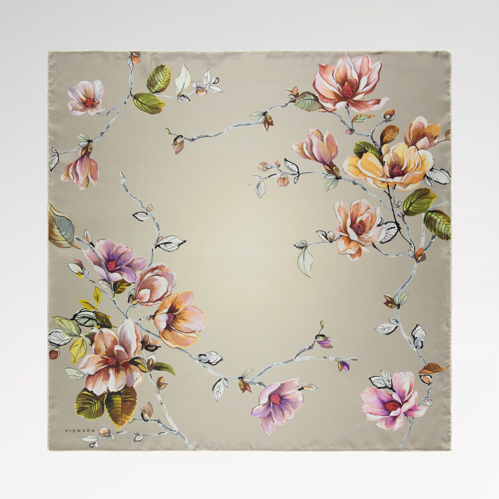 Stone Magnolia Flower Patterned Twill Silk Square Scarf
