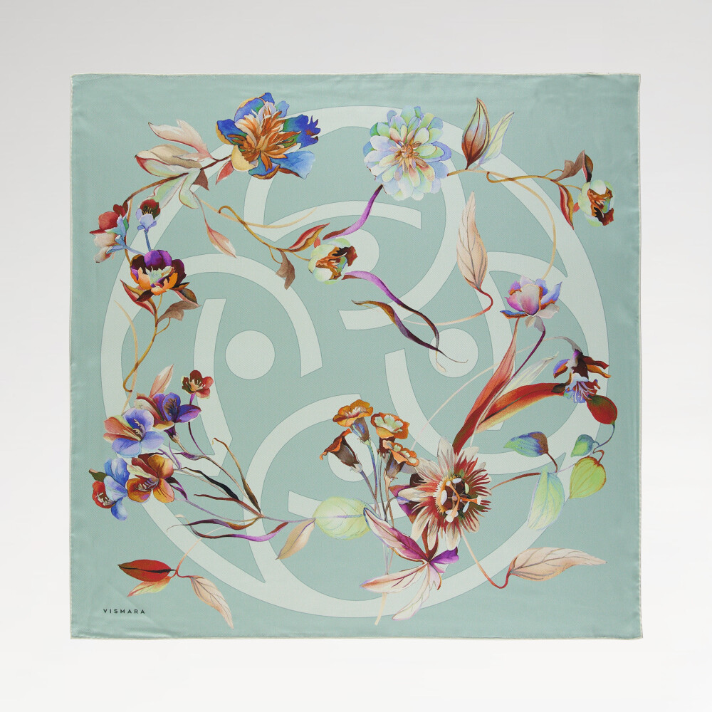 Su Yeşili Flora Sembol Desen Twill İpek Eşarp