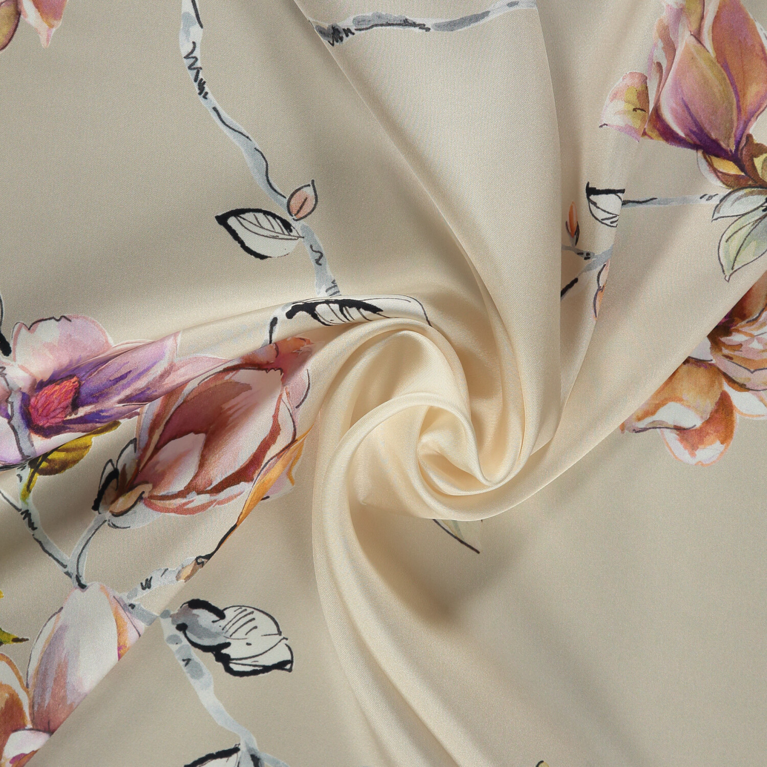 Taş Manolya Çiçeği Desenli Twill İpek Eşarp - 2