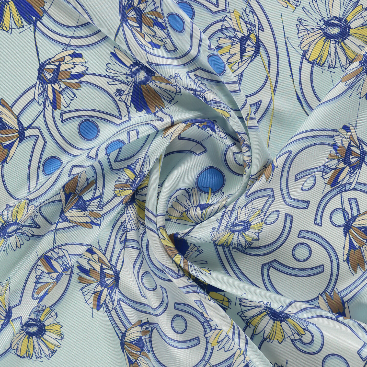 Turkuaz Daisyne Desen Twill İpek Eşarp - 2