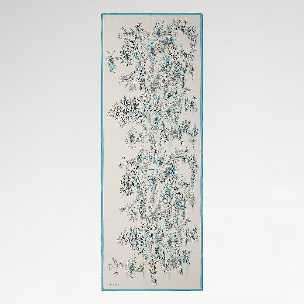 Turkuaz Toile Bahçe Desenli İpek Şal - 2