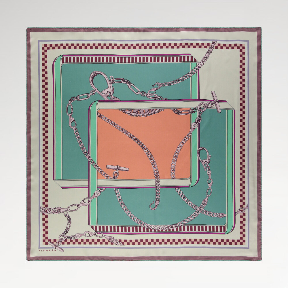 Turquoise Chain Dance Patterned Silk Square Scarf - 1