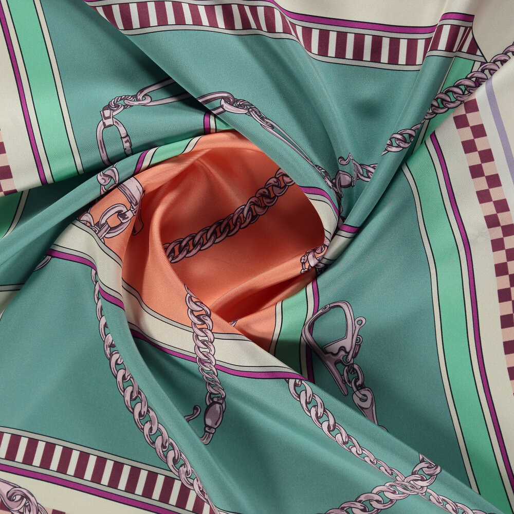 Turquoise Chain Dance Patterned Silk Square Scarf - 2