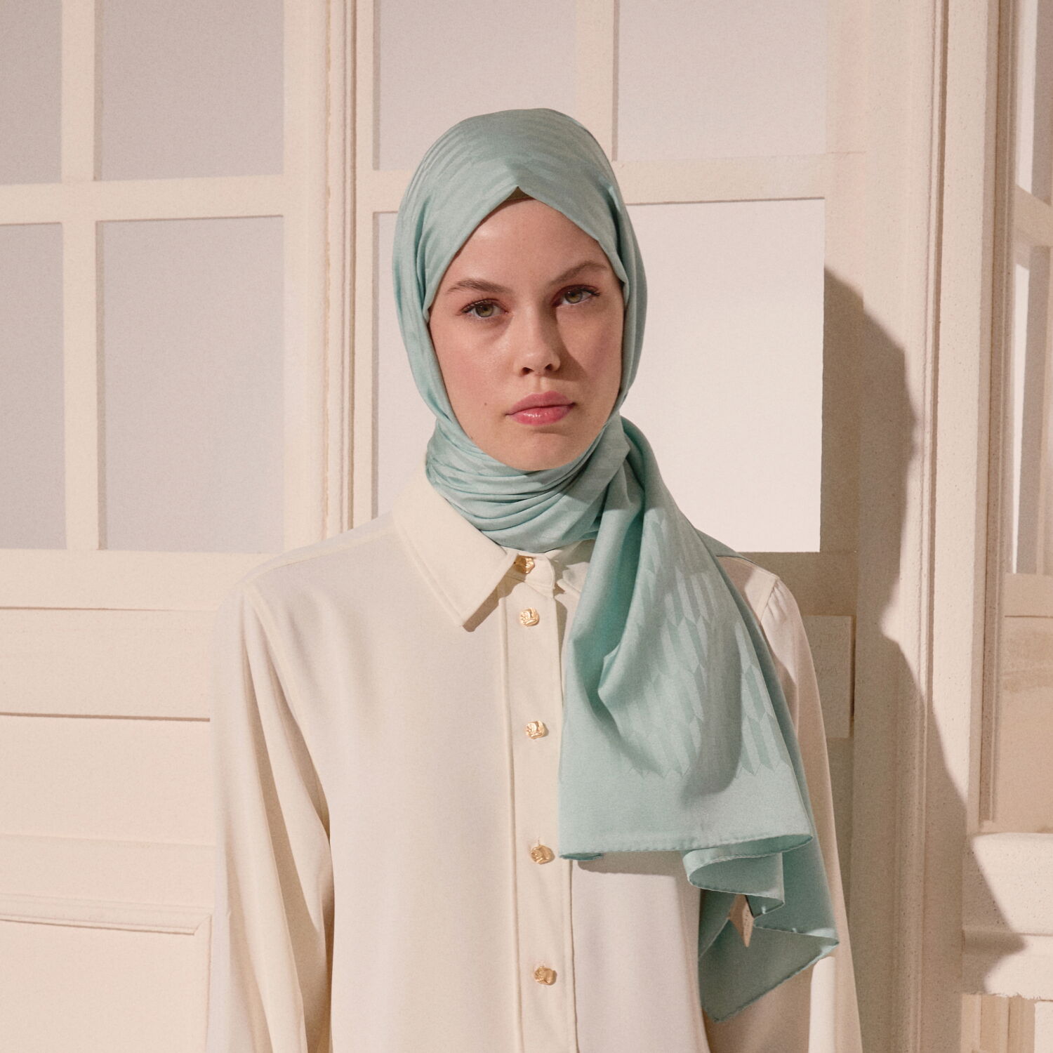 Turquoise Drop Pattern Jacquard Wool Silk Scarf - 1