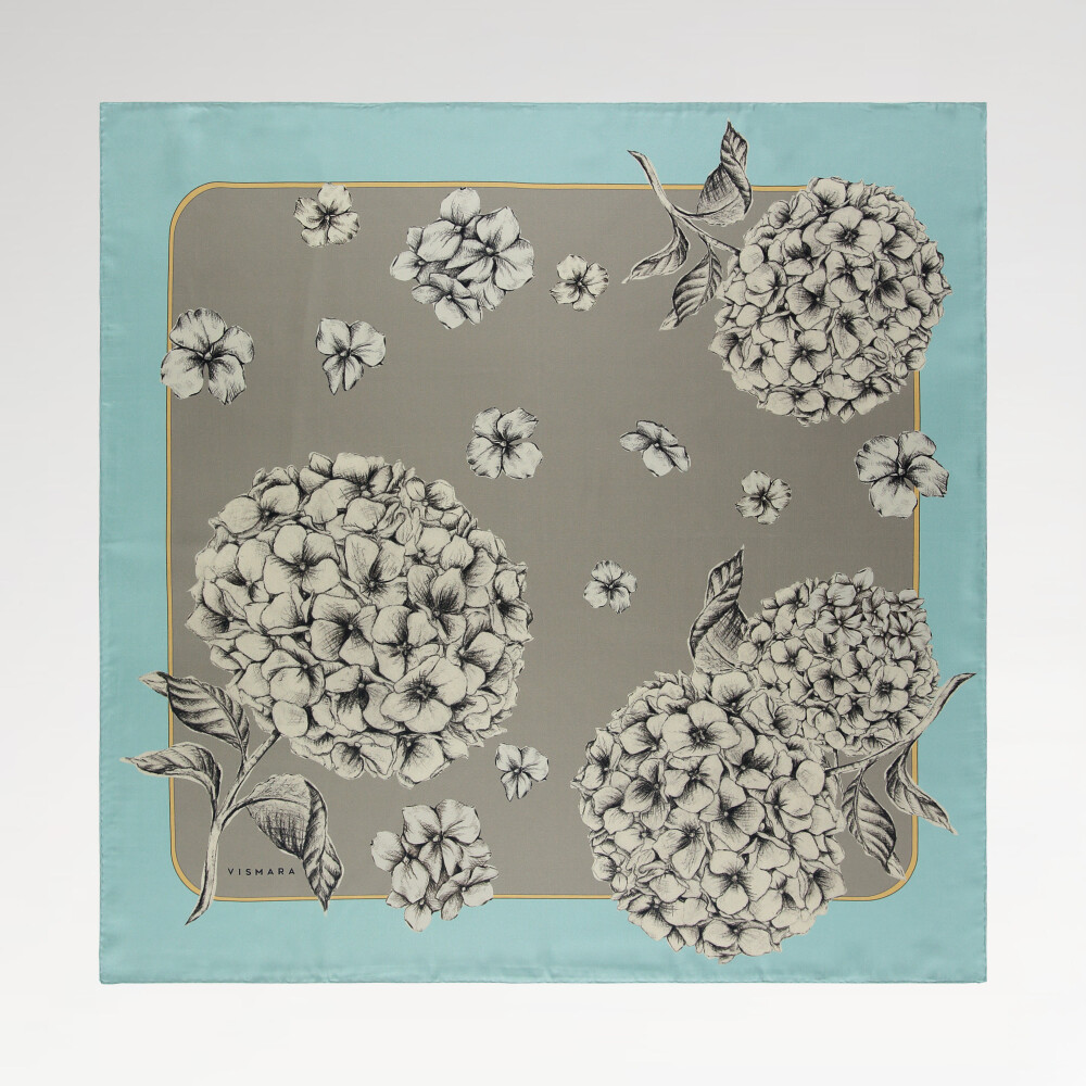 Twill Silk Square Scarf with Turquoise Hydrangea Flower Pattern