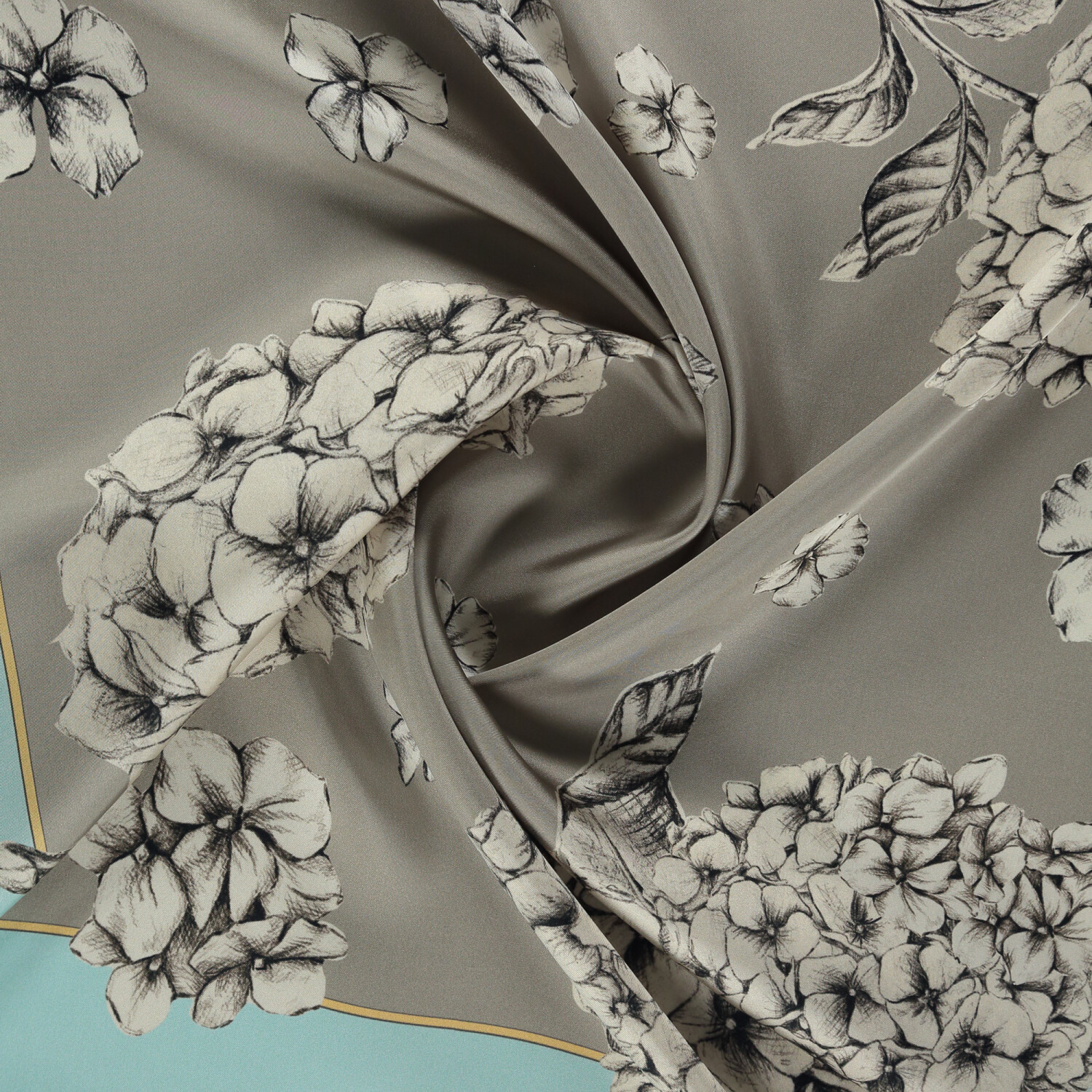 Twill Silk Square Scarf with Turquoise Hydrangea Flower Pattern - 2
