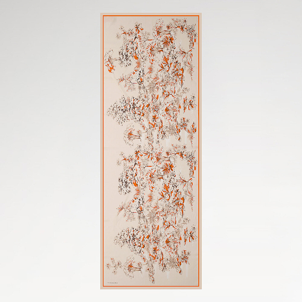 Turuncu Toile Bahçe Desenli İpek Şal - 2
