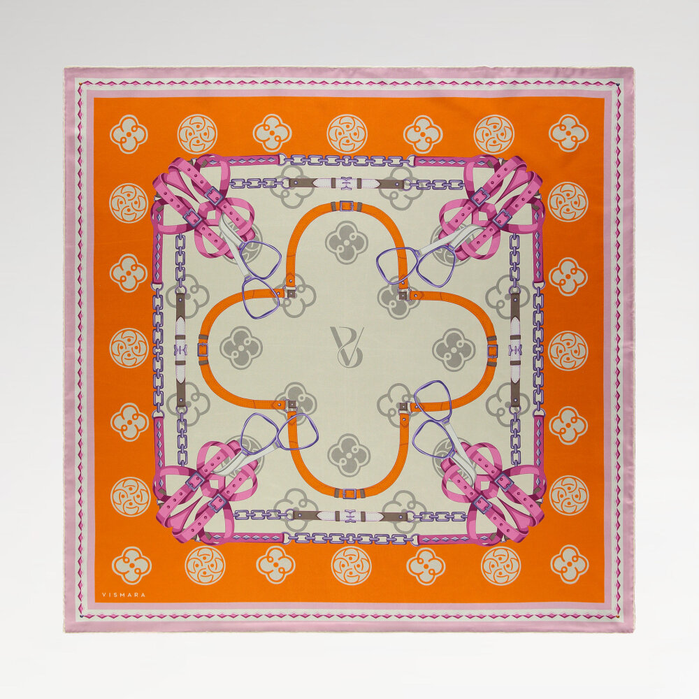 Turuncu Vismara Monogram Zincir Desenli Twill İpek Eşarp - 1