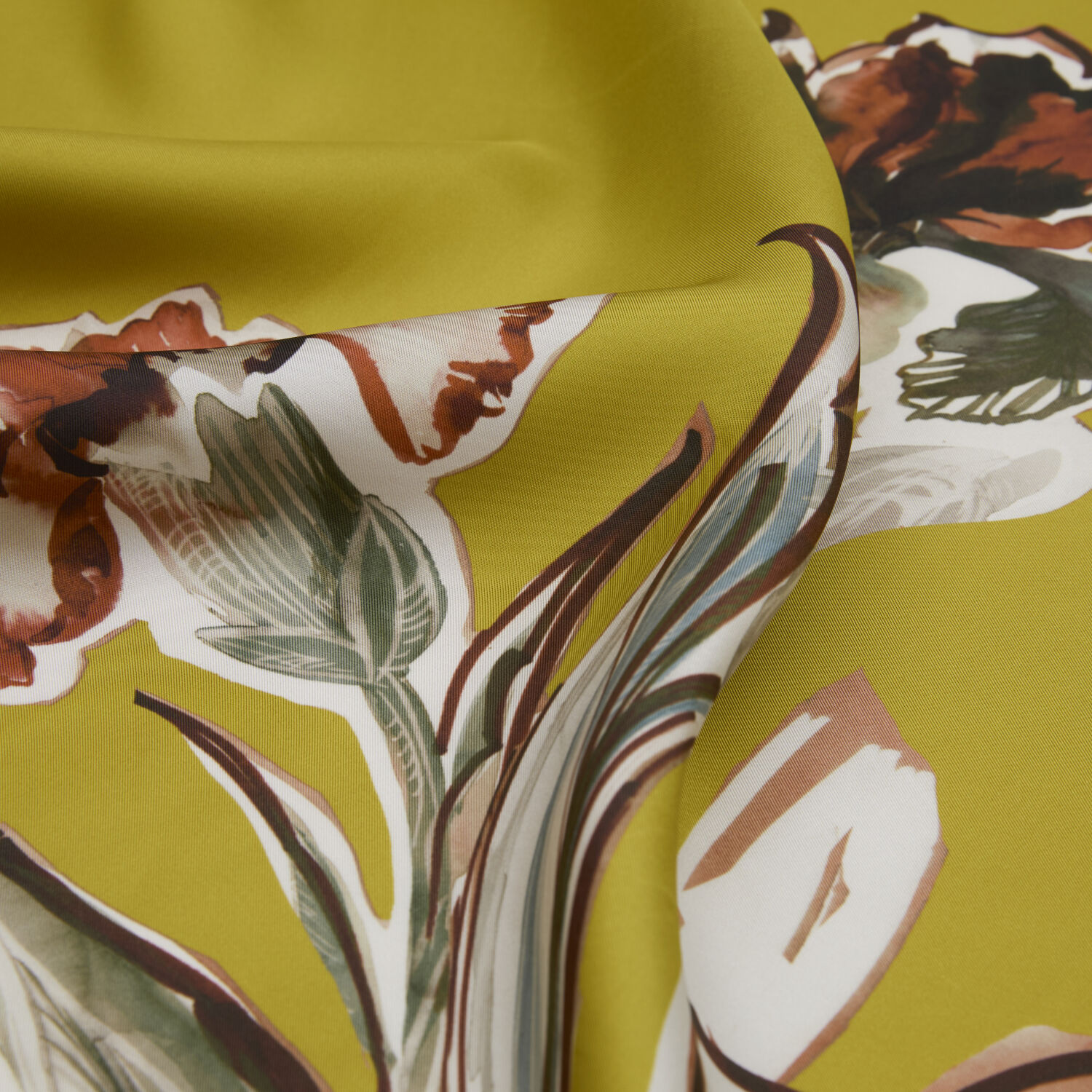 Twill Silk Square Scarf with Yellow Carnation and Lily Flower Pattern - 2