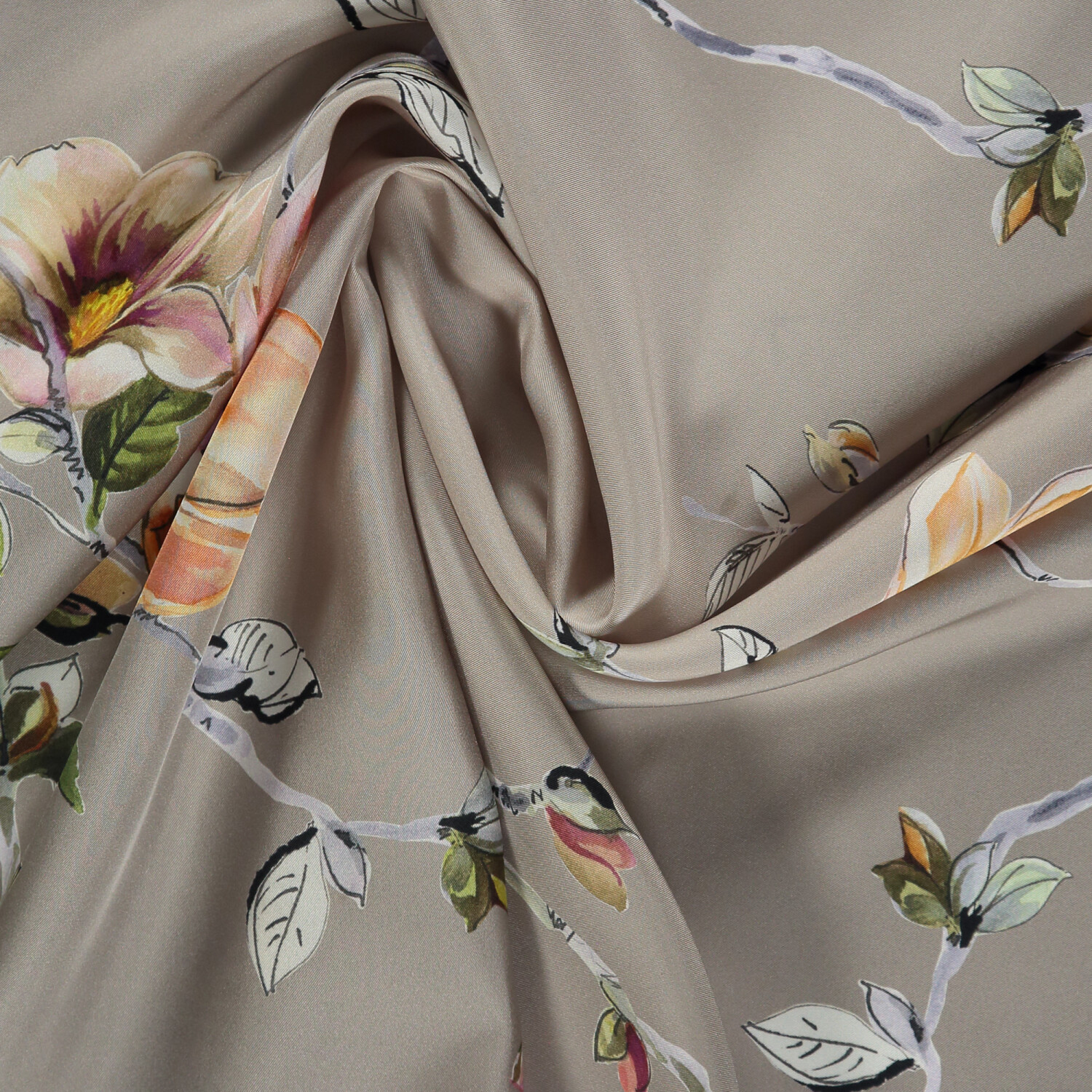 Vizon Manolya Çiçeği Desenli Twill İpek Eşarp - 2