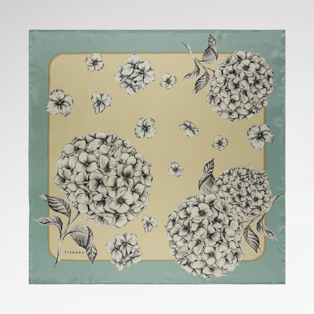 Aqua Green Hydrangea Flower Patterned Twill Silk Square Scarf