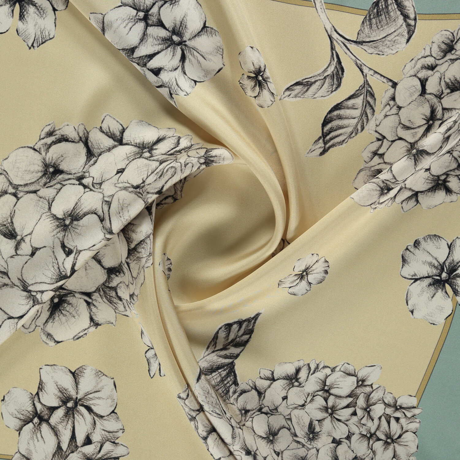 Aqua Green Hydrangea Flower Patterned Twill Silk Square Scarf - 2