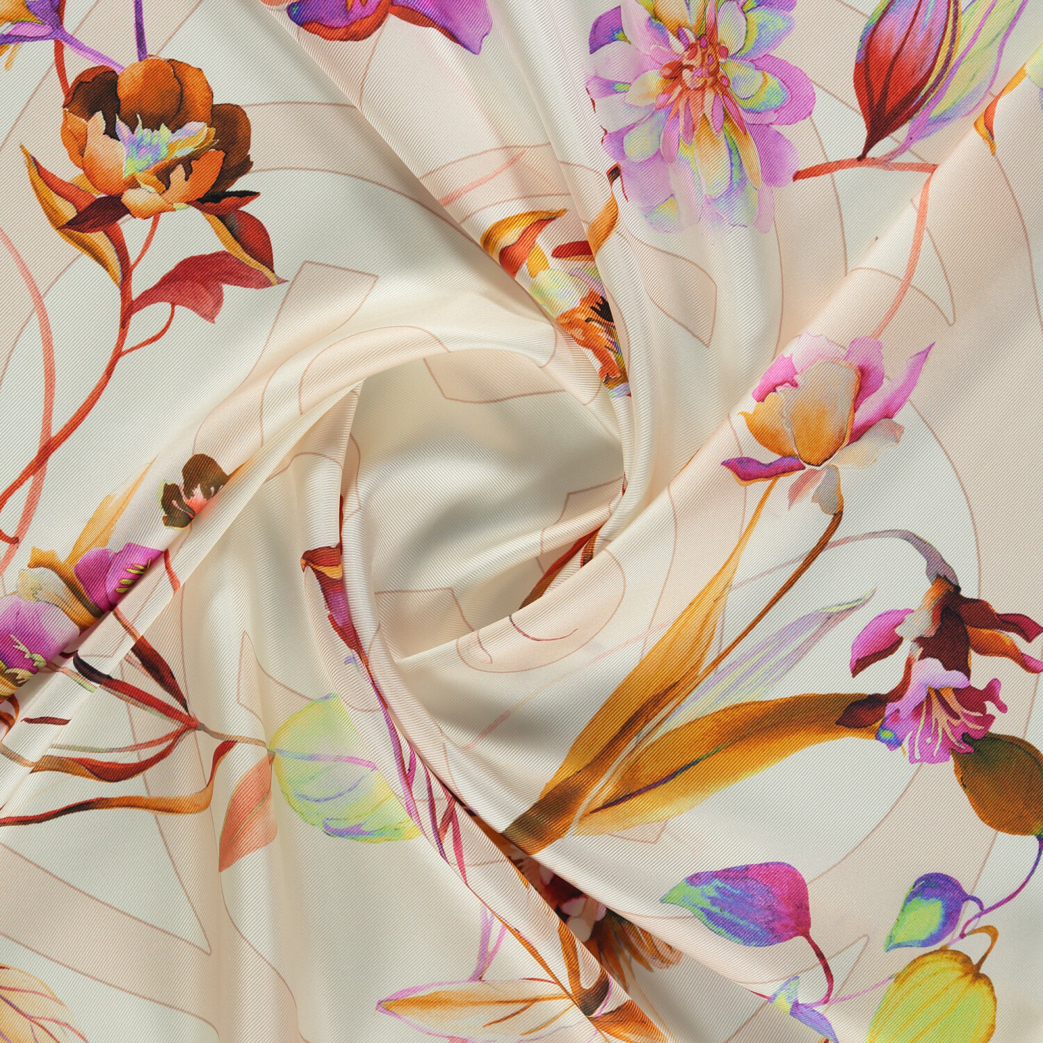 White Flora Symbol Pattern Twill Silk Square Scarf - 2