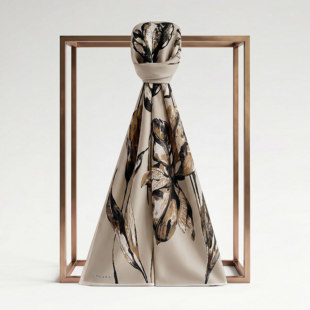 Yellow Charcoal Lily Patterned Silk Scarf - 1