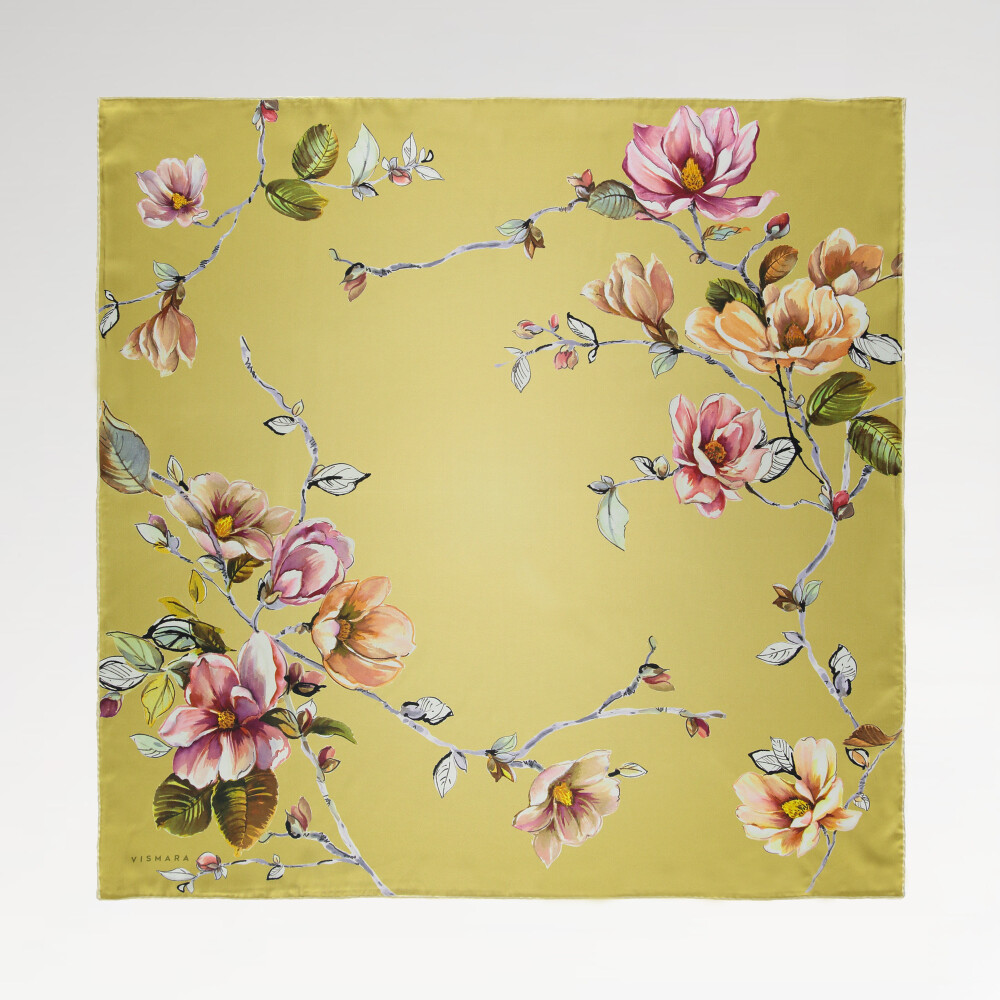 Yellow Magnolia Flower Patterned Twill Silk Square Scarf