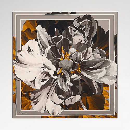 Yellow Peony Patterned Twill Silk Square Scarf